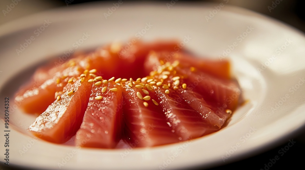 Close-up of raw salmon sashimi with sesame seeds on a white plate. Close-up of raw salmon sashimi with sesame seeds on a white plate.