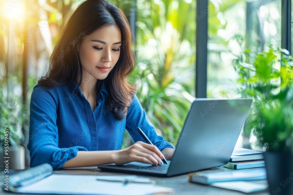 An Asian businesswoman works online from her home office on a laptop computer An Asian businesswoman works online from her home office on a laptop computer