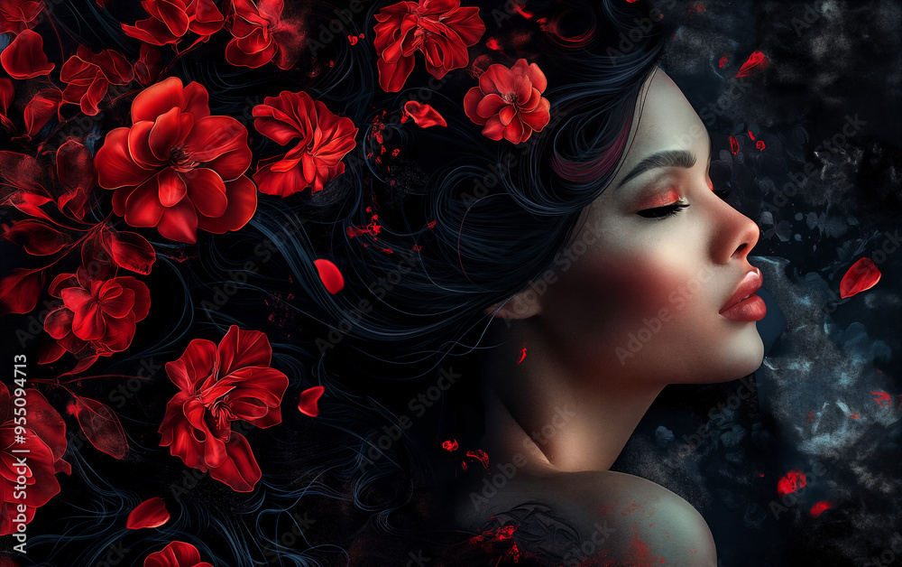 Fototapeta premium a woman with her eyes closed and her hair blowing in the wind with red flowers on her head and her eyes closed
