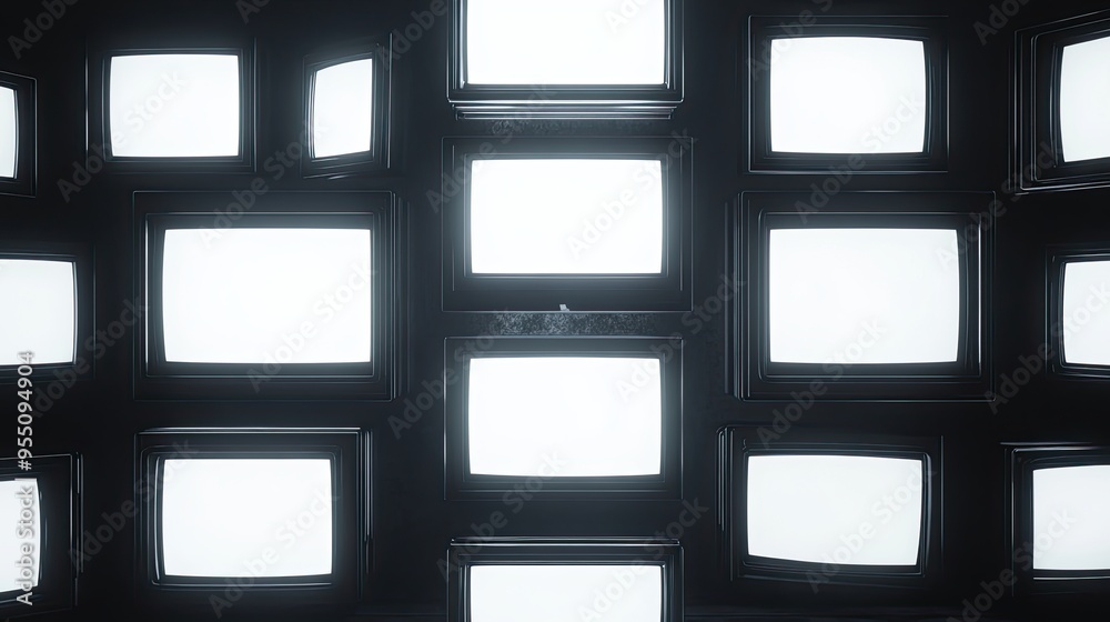 3D render of multiple TVs with white screens arranged in a monochrome grid pattern futuristic design high contrast minimalist background perfect for modern interior design concepts 3D render of multiple TVs with white screens arranged in a monochrome grid pattern futuristic design high contrast minimalist background perfect for modern interior design concepts
