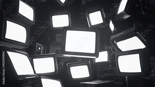 3D render of multiple TVs with white screens floating in space monochrome design abstract futuristic atmosphere perfect for digital media showcases
