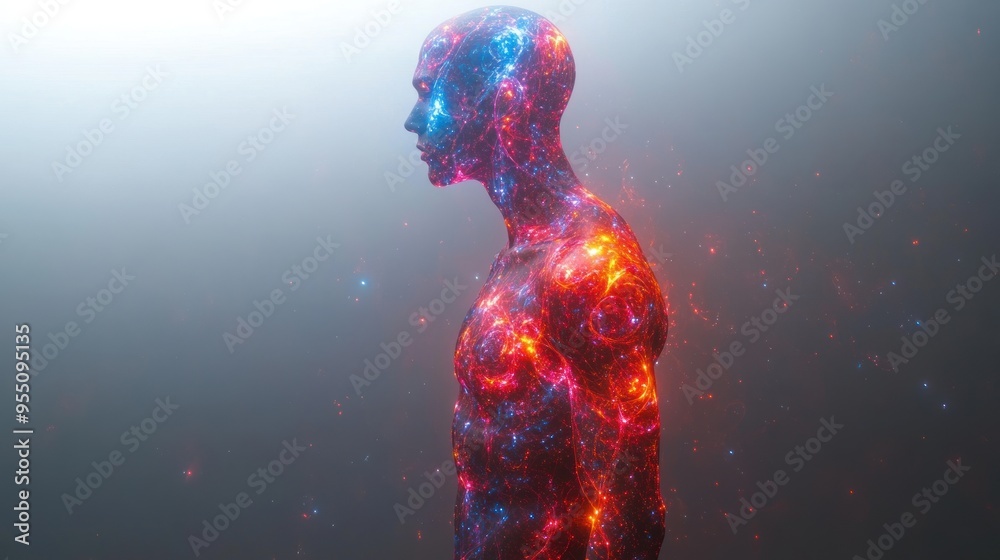 A radiant humanoid form shines with cosmic energy, illuminated by swirling galaxies A radiant humanoid form shines with cosmic energy, illuminated by swirling galaxies
