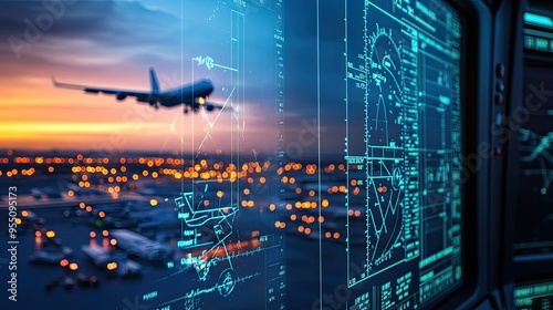 Close-up of air traffic control screen showing flight paths and radar signals, with a professional controller and busy airport in the background