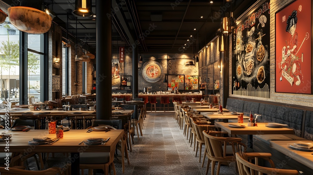 A modern restaurant scene with intricate 3D-rendered noodle dishes from various countries