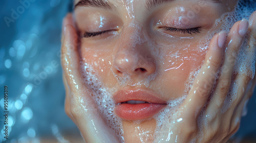 A woman is washing her face with soap in the bathtub. The water is foamy and the woman's face is covered in bubbles