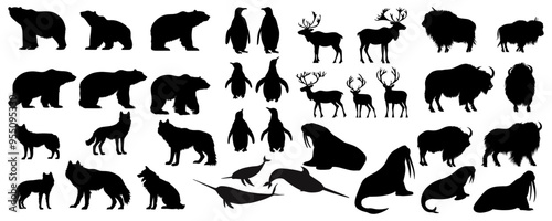 set of silhouette black and white of arctic animal.