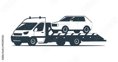 Logo tow truck transporting a car. Vector illustration.