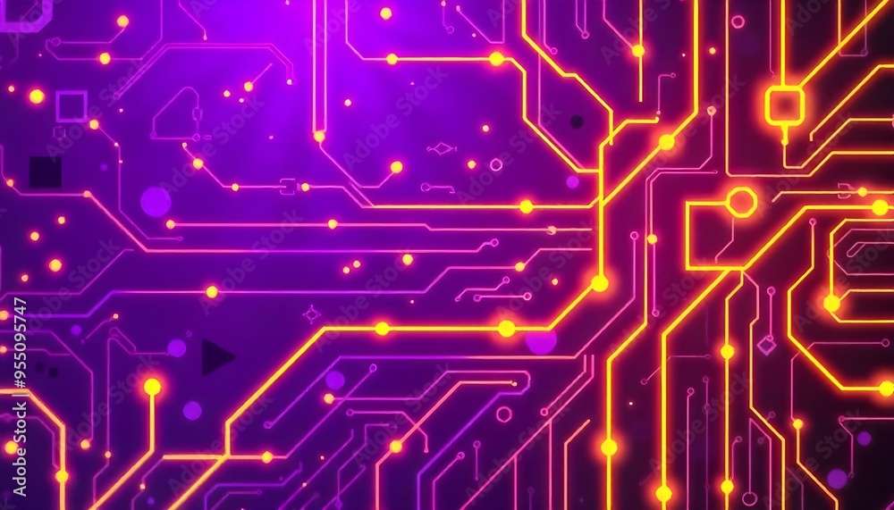A purple and yellow circuit board pattern with glowing lines and shapes, technology AI digital computer background backdrop A purple and yellow circuit board pattern with glowing lines and shapes, technology AI digital computer background backdrop