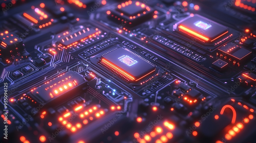 Circuit Board with Glowing Components Circuit Board with Glowing Components