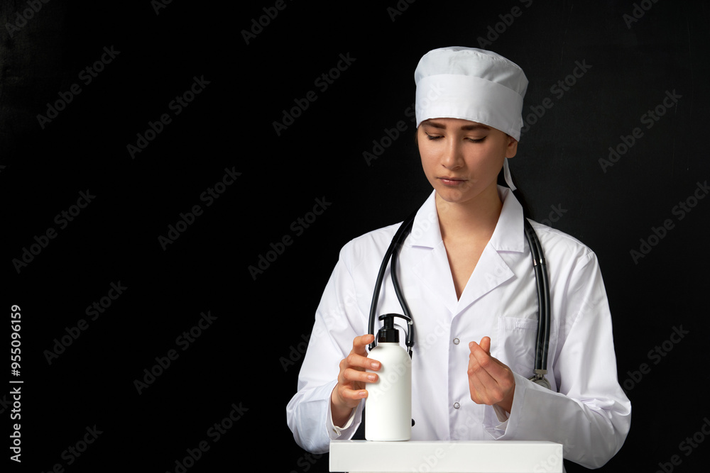 doctor applying antibacterial spray on hand on black background doctor applying antibacterial spray on hand on black background