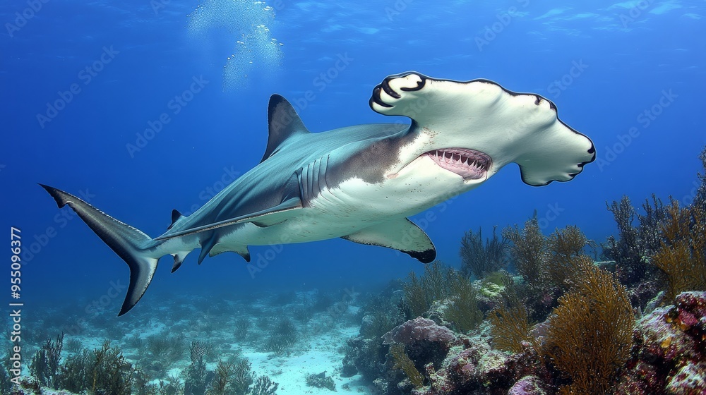 Fototapeta premium A hammerhead shark swimming gracefully in a vibrant underwater environment.