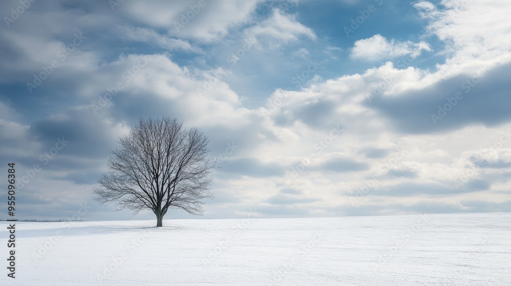 Snow-covered field with a lone, leafless tree against a cloudy winter sky Snow-covered field with a lone, leafless tree against a cloudy winter sky