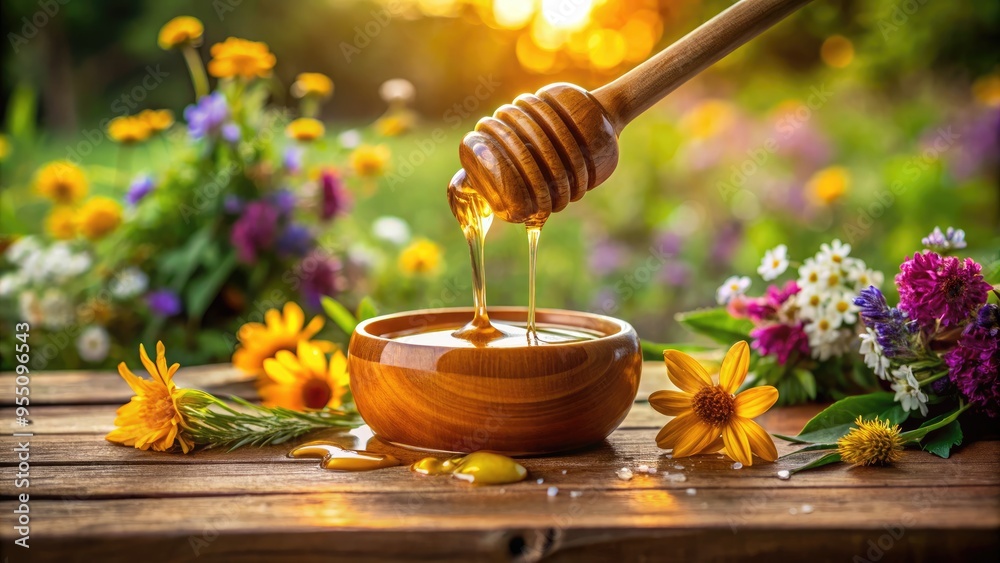 Golden honey drips slowly from a wooden dipper, forming a sticky pool on a rustic wooden table, surrounded by fresh flowers and warm light. Golden honey drips slowly from a wooden dipper, forming a sticky pool on a rustic wooden table, surrounded by fresh flowers and warm light.