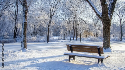 Snow-covered park bench with a thick blanket of snow and trees covered in frost