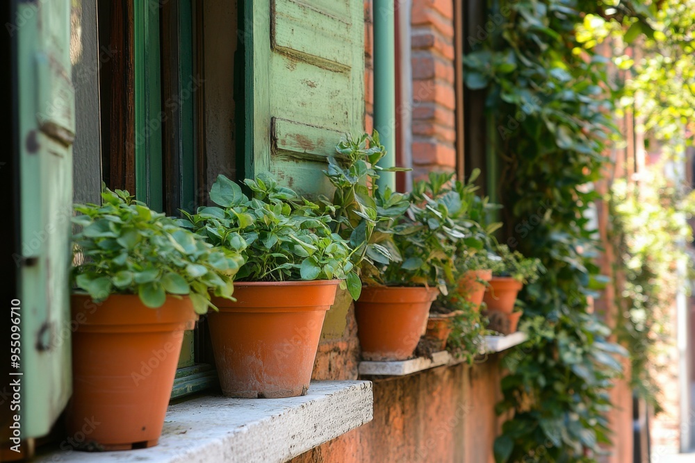 Potted Plants on a Windowsill with Green Shutters Potted Plants on a Windowsill with Green Shutters