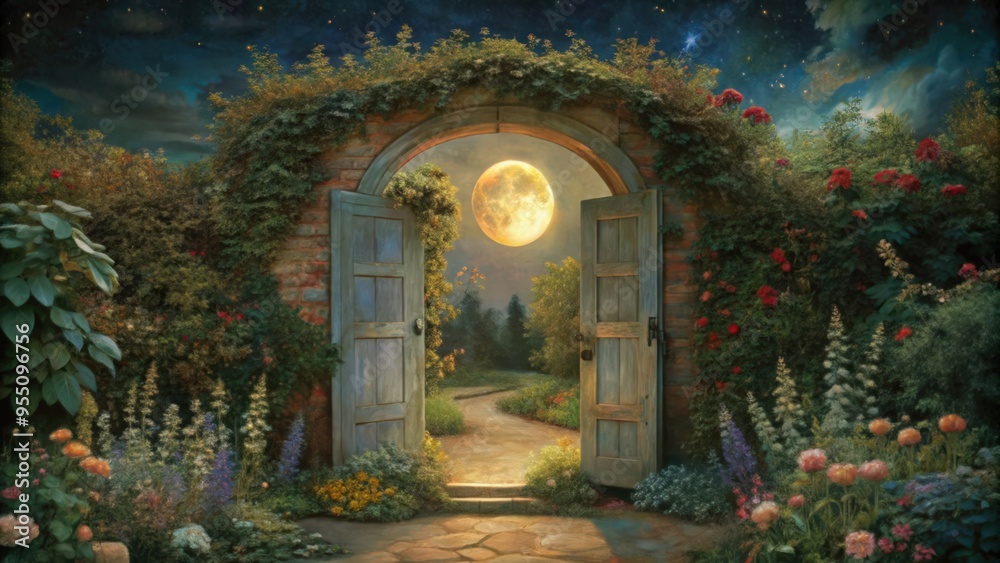 Fototapeta premium Moonlit Garden Gateway with Open Doors