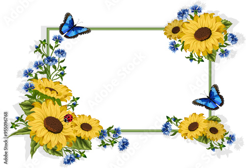Frame with cornflowers and sunflowers.Cornflowers, sunflowers and butterflies with colored frame in vector illustration.