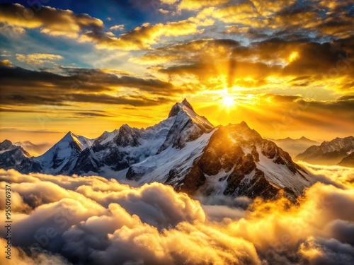 Golden sunrise illuminates a majestic mountain range, with snow-capped peaks breaking through the clouds, symbolizing resilience, triumph, and soaring to new heights. photo