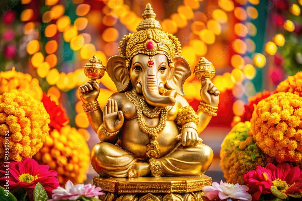 Fototapeta premium Gold-plated Hindu deity Vinayaka idol with four arms, adorned with flowers and jewels, sitting on a decorated pedestal amidst a vibrant festive background.