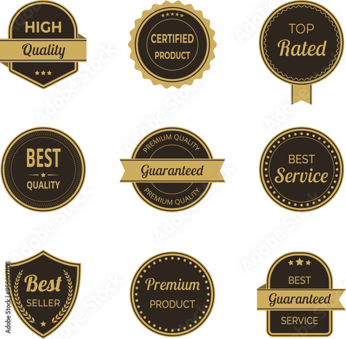 Vector illustration set of high quality label and badge in minimalist gold and black color. Includes premium, certified designs for seal and stamp. Perfect for trusted, genuine, and approved branding.