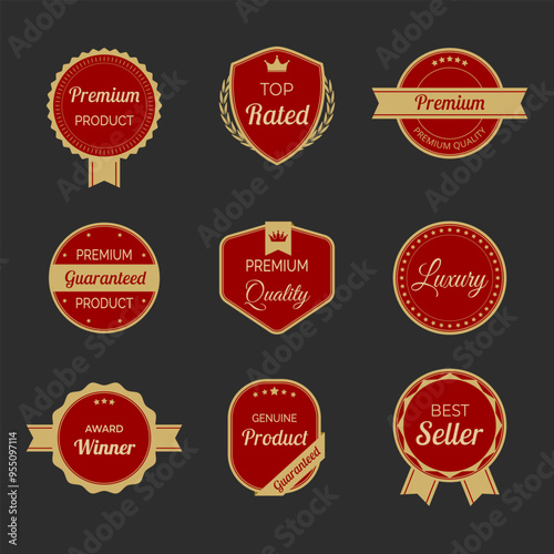 Vector illustration set of high quality labels and badges in red and gold color. Includes premium, certified designs for seals and stamps. Ideal for certification, assurance, and premium tags