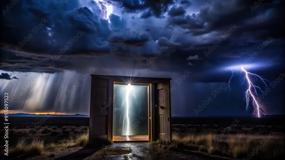 Obraz premium Open Doorway Revealing Lightning Storm During Sunset