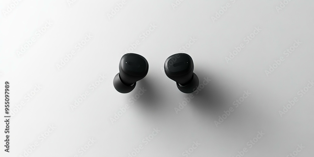Two black wireless earbuds on white background. Two black wireless earbuds on white background.