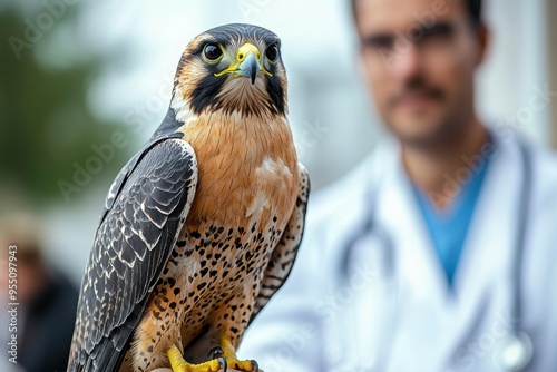 Close-up of a Falcon with a Blurred Doctor in the Background photo