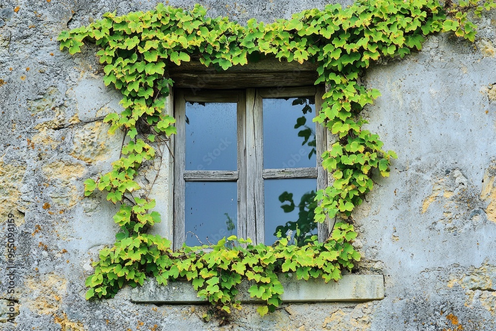 A window with vibrant green vines growing around it, contrasting against a weathered, grey stone wall. A window with vibrant green vines growing around it, contrasting against a weathered, grey stone wall.