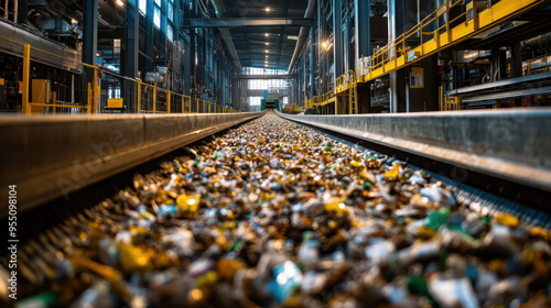 RDF Conveyor Belt, A conveyor belt moves refuse-derived fuel in a recycling facility, showcasing the active sorting and processing of waste for energy recovery