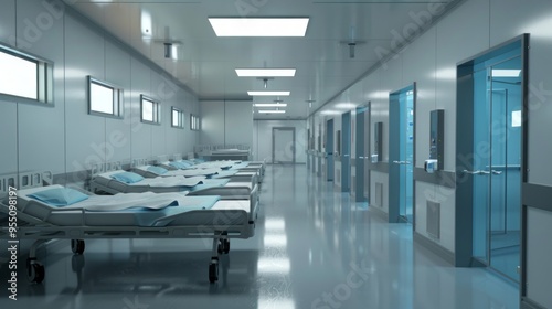 A hospital room with beds and a hallway