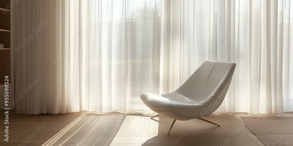 White chair by window, sunlight streams through curtains. White chair by window, sunlight streams through curtains.