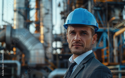 A man in a blue hard hat stands in front of a large industrial plant. He is wearing a suit and tie and he is a professional. Concept of authority and responsibility