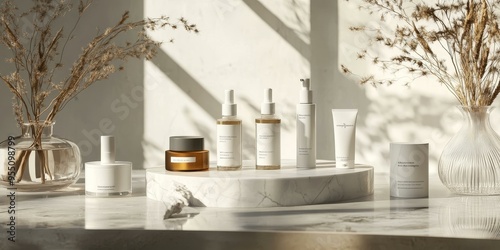 Minimalist skincare products on a marble table.