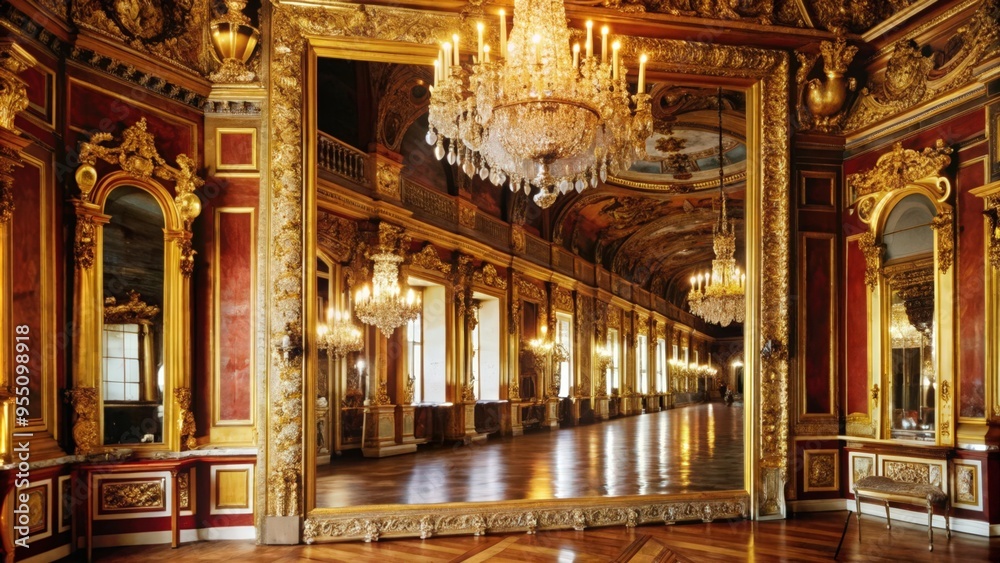 Obraz premium Gilded Interior of a Palace with a Large Mirror Reflecting a Hallway with Chandeliers