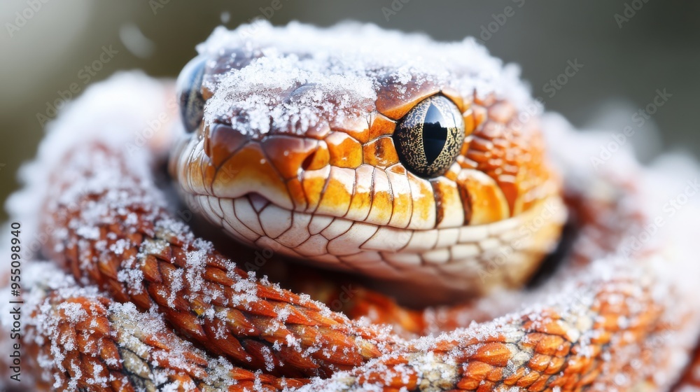 Fototapeta premium A vibrant orange snake covered in snow coiled up in a natural setting during winter, showcasing its intricate scales and glistening frost. Symbol of 2025 year.