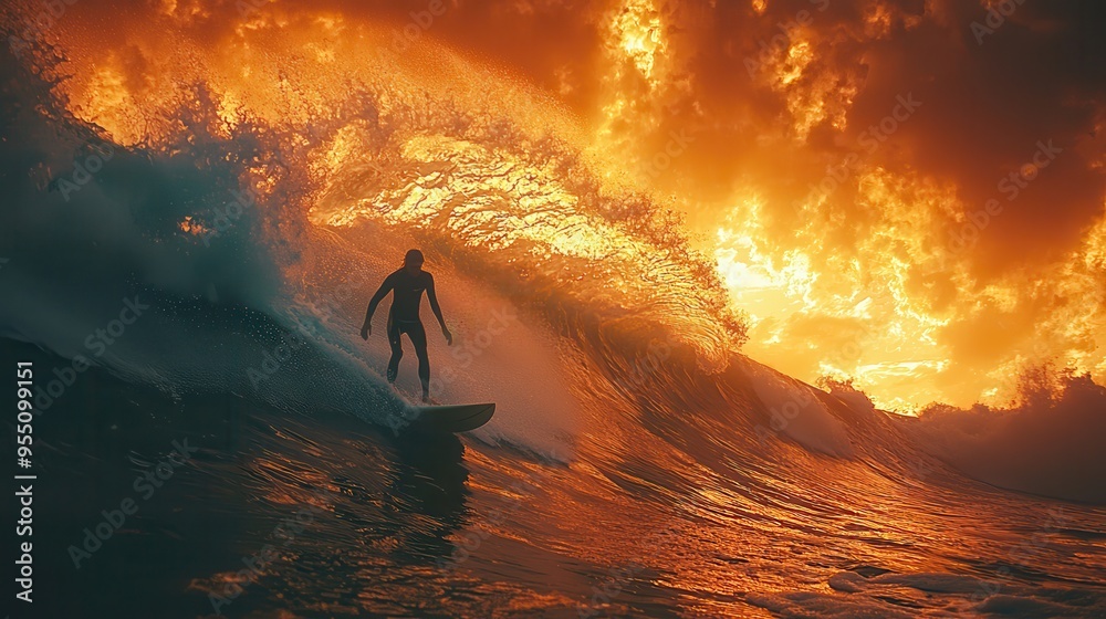 Mastering the Wave: Skilled Surfer Riding Massive Wave with Perfect Balance and Ocean Spray Surrounding