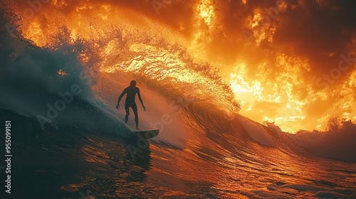 Mastering the Wave: Skilled Surfer Riding Massive Wave with Perfect Balance and Ocean Spray Surrounding