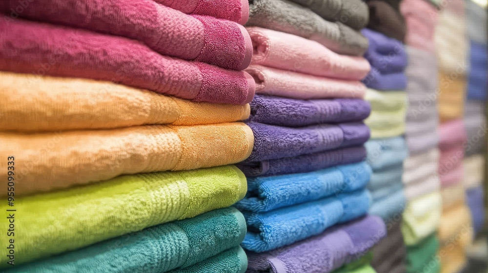 Stack of colorful towels neatly folded and stacked in a retail display Stack of colorful towels neatly folded and stacked in a retail display
