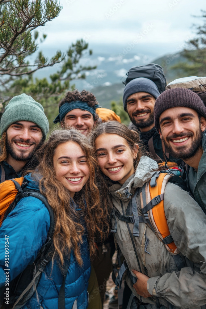 Happy Friends Outdoors, A group of cheerful young friends are happily posing for a photo while enjoying a hiking tour in the mountains, showing their adventurous spirit Happy Friends Outdoors, A group of cheerful young friends are happily posing for a photo while enjoying a hiking tour in the mountains, showing their adventurous spirit