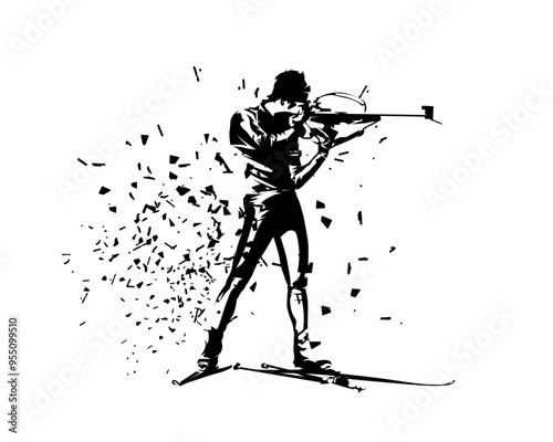 Biathlon standing shooting position, isolated vector silhouette. Biathlon racer logo