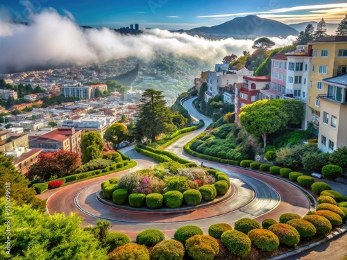 Iconic San Francisco street scene featuring eight tight hairpin turns, steep slope, and lush greenery, with fog rolling in over the hills in the background.