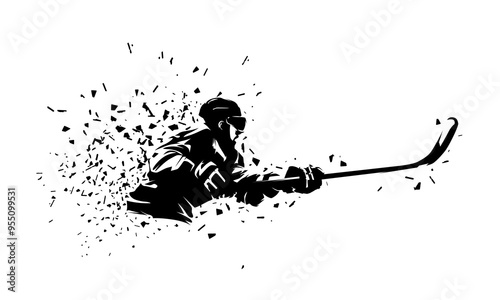 Ice hockey player shooting puck, isolated vector silhouette. Ink drawing. Hockey logo