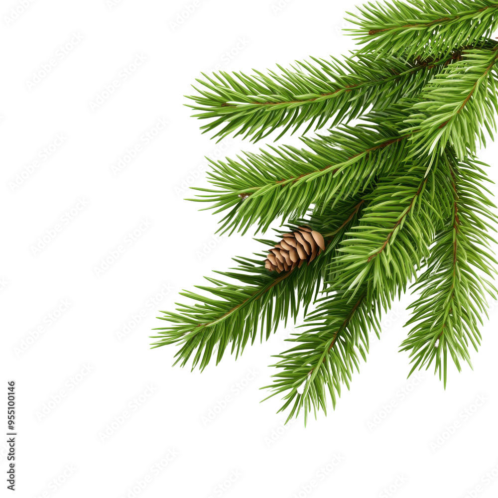 A close-up of a pine branch showcasing green needles and a pine cone, perfect for nature-themed designs or holiday projects. A close-up of a pine branch showcasing green needles and a pine cone, perfect for nature-themed designs or holiday projects.