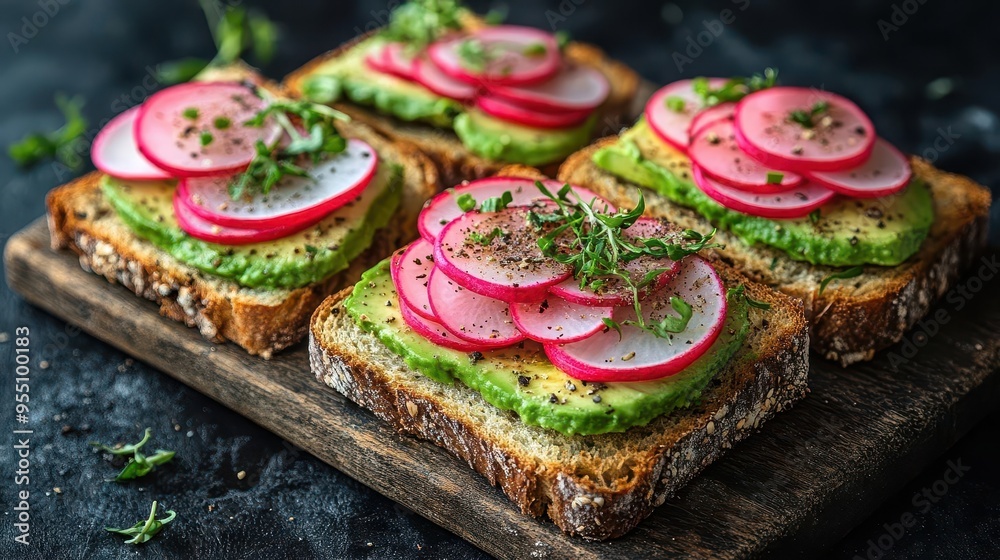 artisanal openfaced sandwiches vibrant layers of avocado radish and herbs atop rustic bread styled on weathered wooden board artisanal openfaced sandwiches vibrant layers of avocado radish and herbs atop rustic bread styled on weathered wooden board