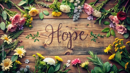 Inspirational handwritten phrase on a rustic wooden background, surrounded by vintage flowers and greenery, conveying a sense of hope and positivity. photo