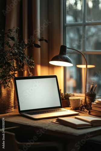 Home Office Setup, A modern laptop with a blank screen sits on a desk beside a table lamp and an open book, ideal for remote work and online learning