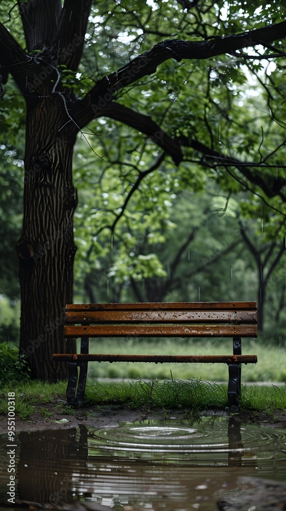 Solitary Park Bench Under Rainy Tree Canopy with Puddle Reflections Evoking a Pensive Contemplative Mood Solitary Park Bench Under Rainy Tree Canopy with Puddle Reflections Evoking a Pensive Contemplative Mood
