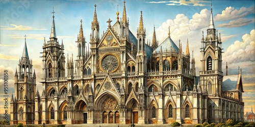 Intricate And Detailed Architectural Drawing Of A Majestic Cathedral, With Soaring Spires And Ornate Embellishments. photo