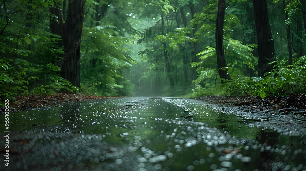 Obraz premium Peaceful Forest Path During Rain Shower With Glistening Greenery